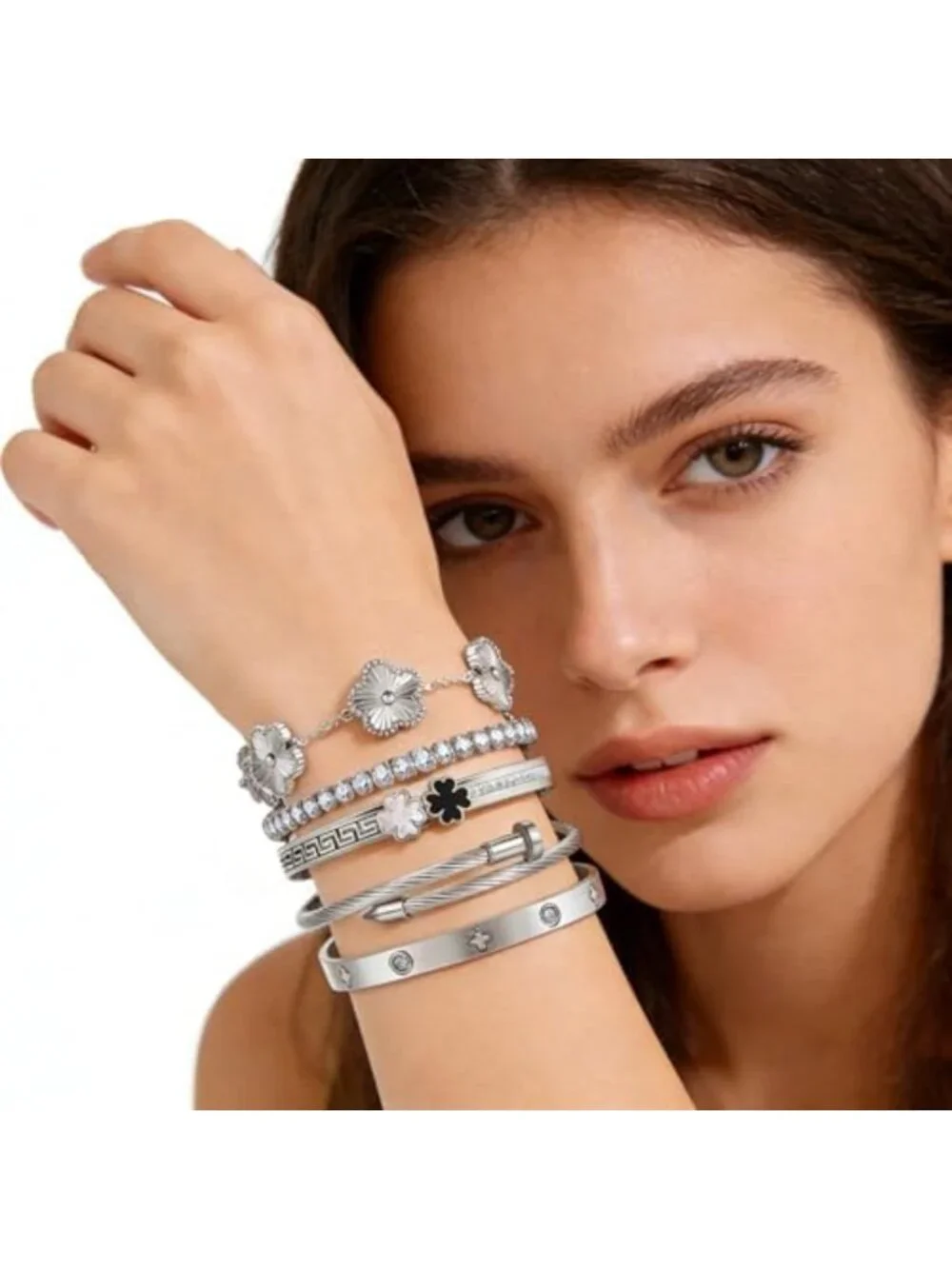 Trendy Silver Stackable Bangle Bracelets for Women - Non-Tarnish Clover Charm